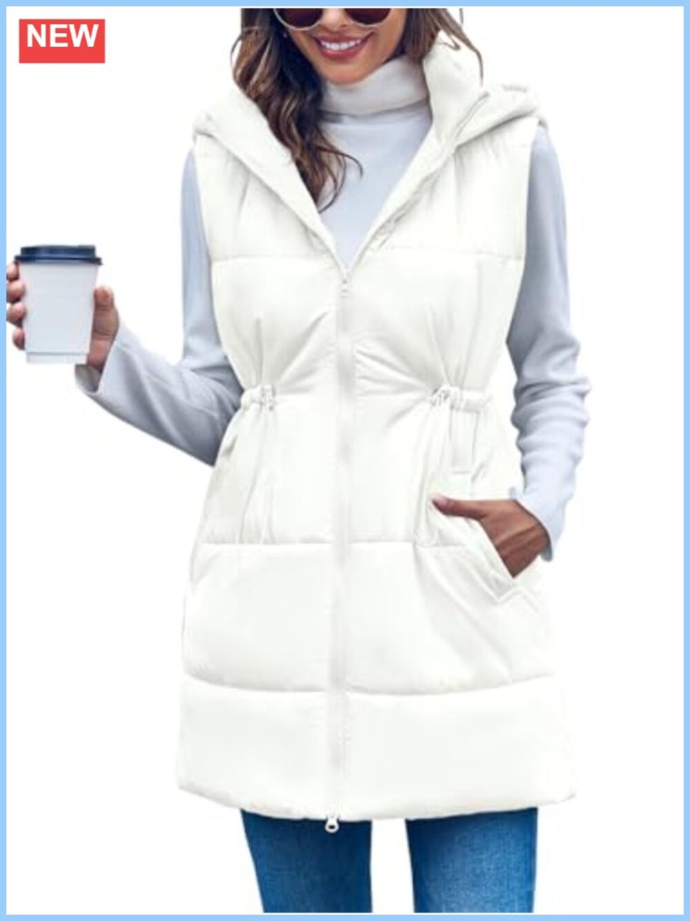 Quilted Hooded Long Puffer Vest Zip Up Sleeveless Winter Coat
